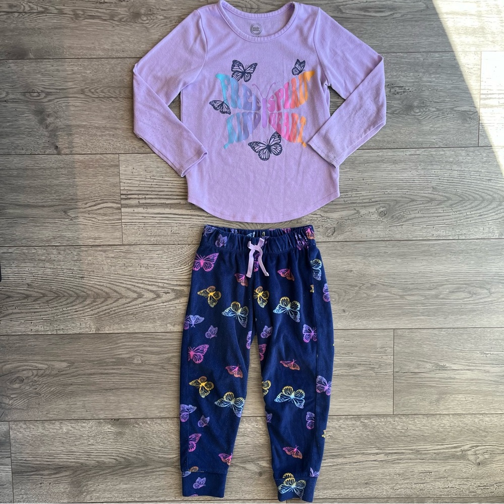 Wonder Nation Girls Long Sleeve Pajama Set Butterfly Free Spirit Kind Heart XS